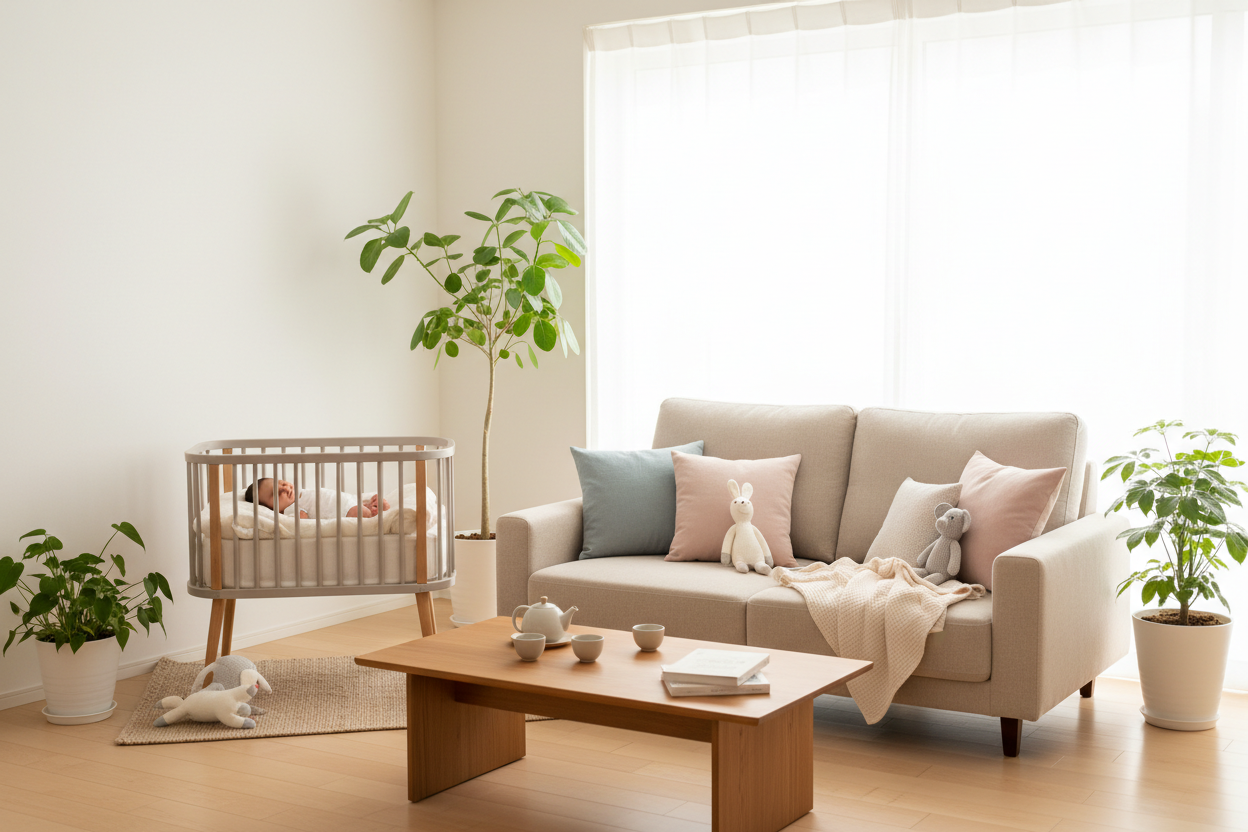 生まれたばかりの赤ちゃんのいるリビング