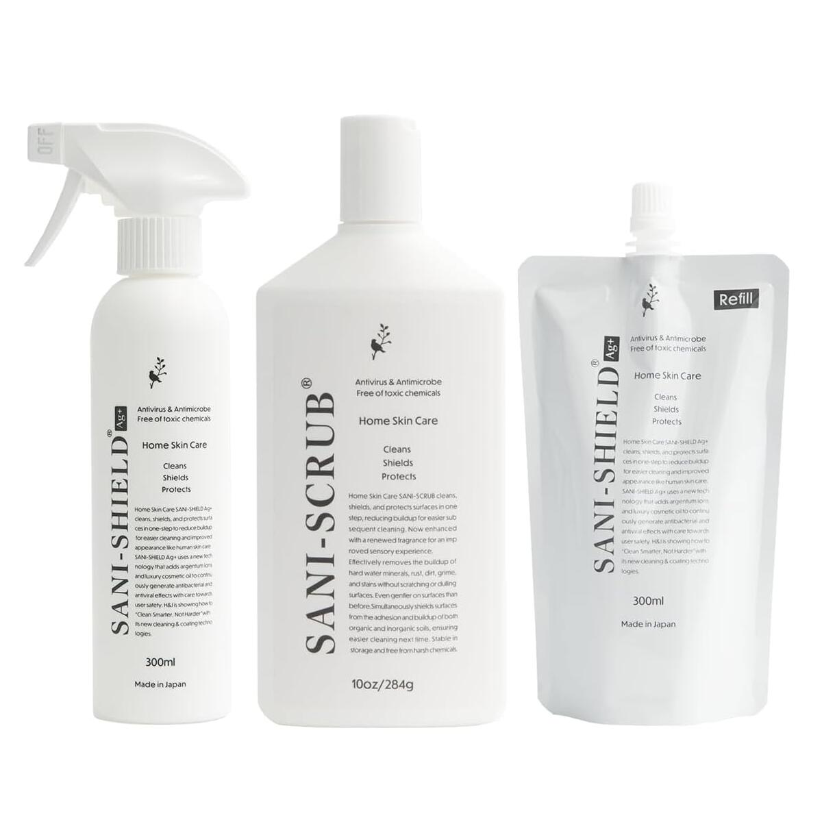 除菌・お掃除3点セット サニーシールド Ag+ 300ml(トリガー付1本)+詰替300ml+ サニースクラブ お得セット 中性 抗菌 コーティング 除菌 消臭 赤ちゃん ベビー 子供 古堅純子 SANI-SHIELD キッチン シンク