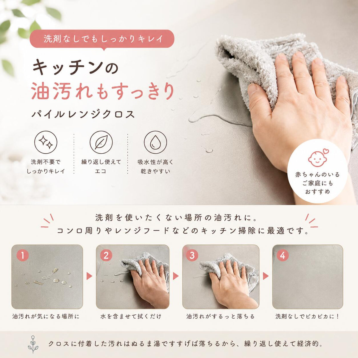 洗剤なしでもしっかりキレイ キッチンの油汚れもすっきり 使い方4ステップ