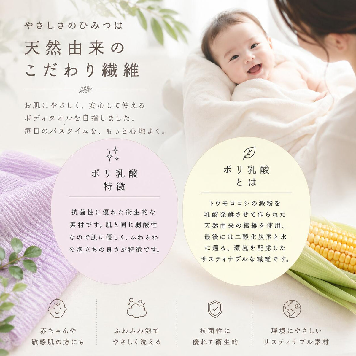 やさしさのひみつは天然由来のこだわり繊維 ポリ乳酸の特徴