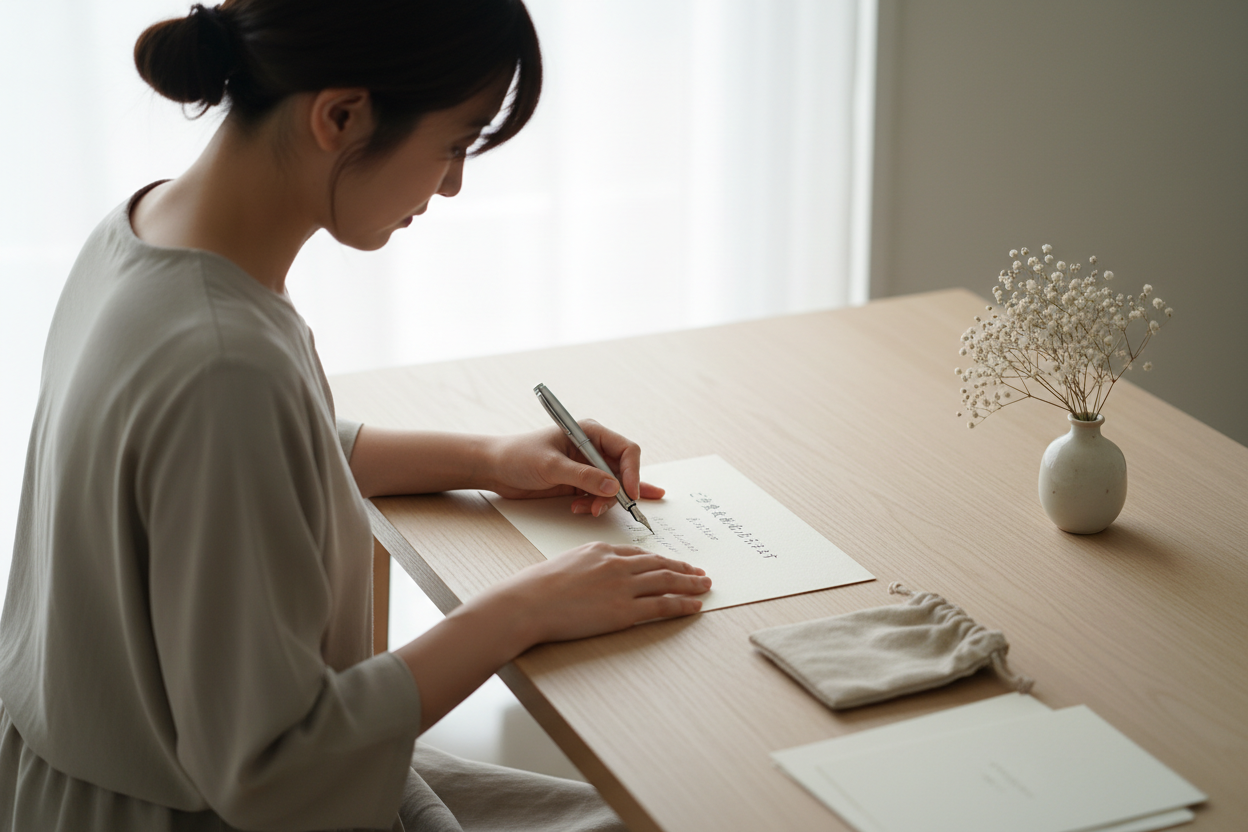 出産祝いのメッセージを書いている女性