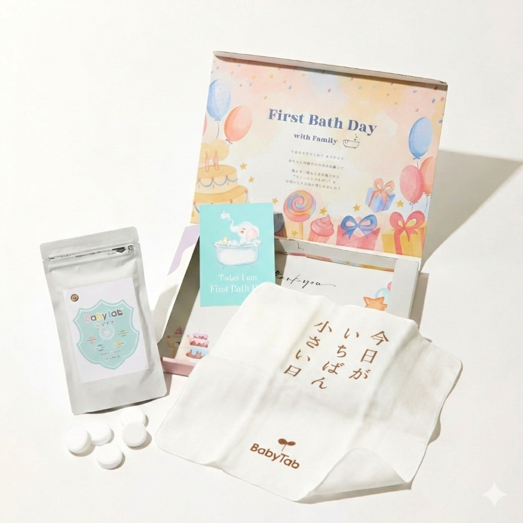 ベビタブ ファーストバスデー キット | ベビタブ12錠 ガーゼハンカチ 記録カード 3点セット