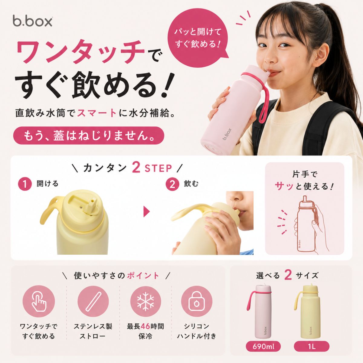 ワンタッチですぐ飲めるフリップトップ式 蓋をひねらない2ステップ