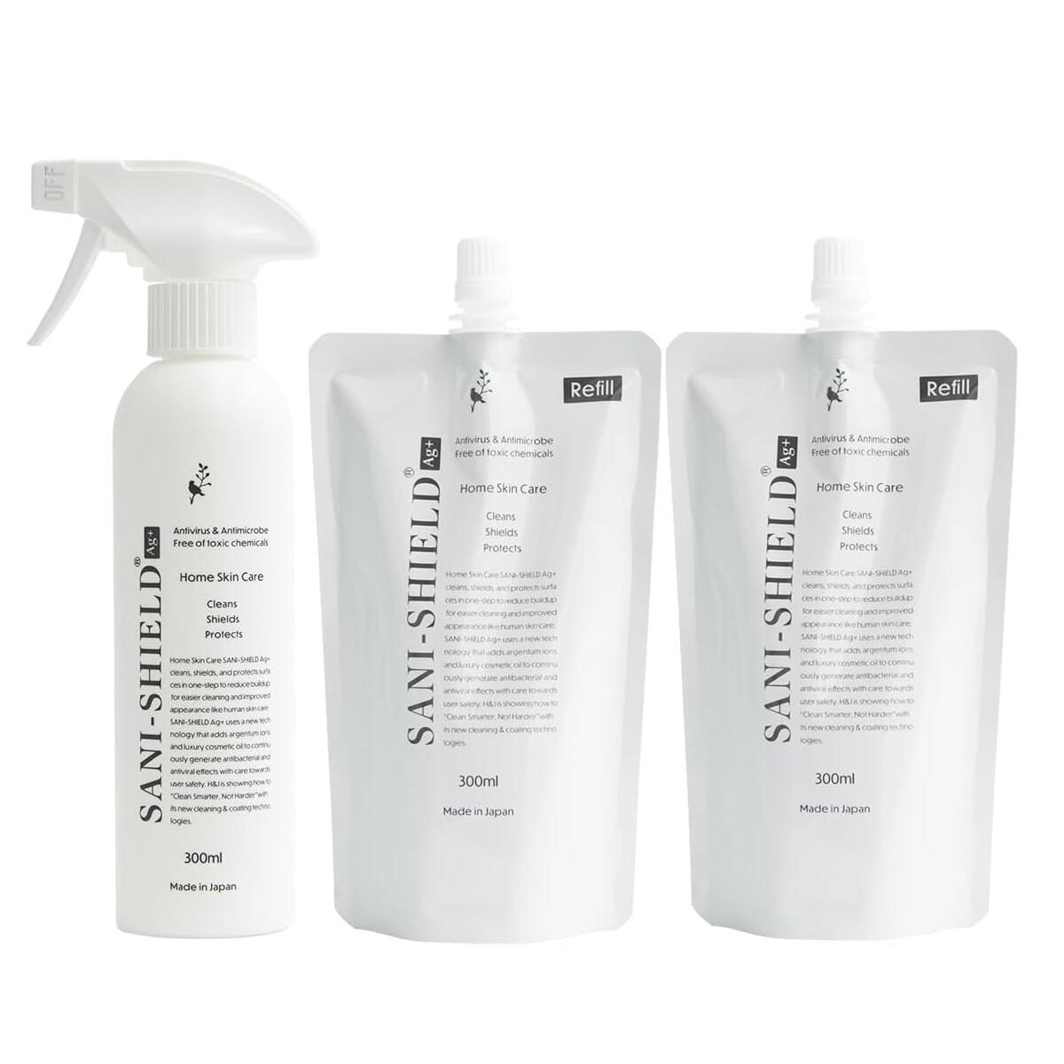 おうち除菌・お掃除 サニーシールド Ag+ 300ml（トリガー付1本）＋詰替300ml 2袋 お得セット 中性 抗菌 コーティング 除菌 消臭 赤ちゃん ベビー 子供 ペット 古堅純子 SANI-SHIELD キッチン シンク プレゼント 出産祝
