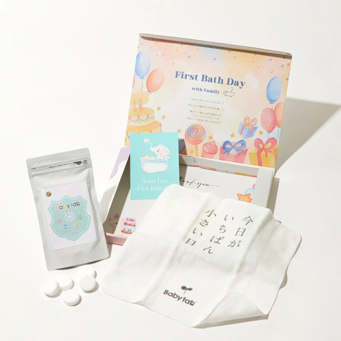 ベビタブ ファーストバスデー キット （ベビタブ12錠+オーガニックガーゼハンカチ+記録カードの3点セット）