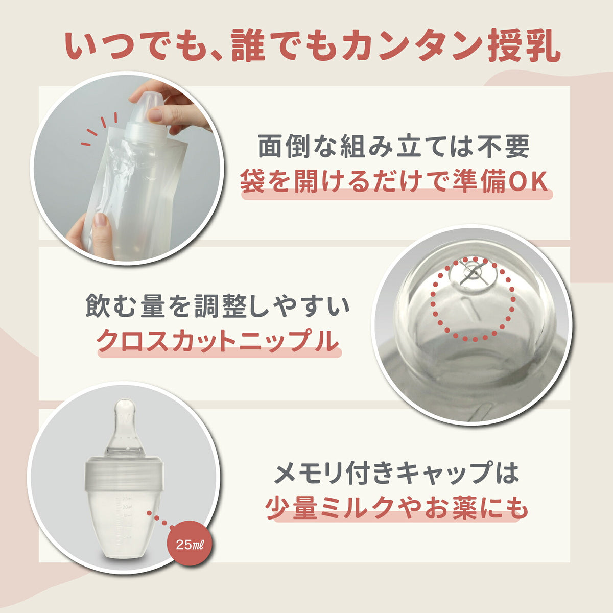 いつでも誰でもカンタン授乳 面倒な組み立て不要 袋を開けるだけで準備OK メモリ付きキャップ