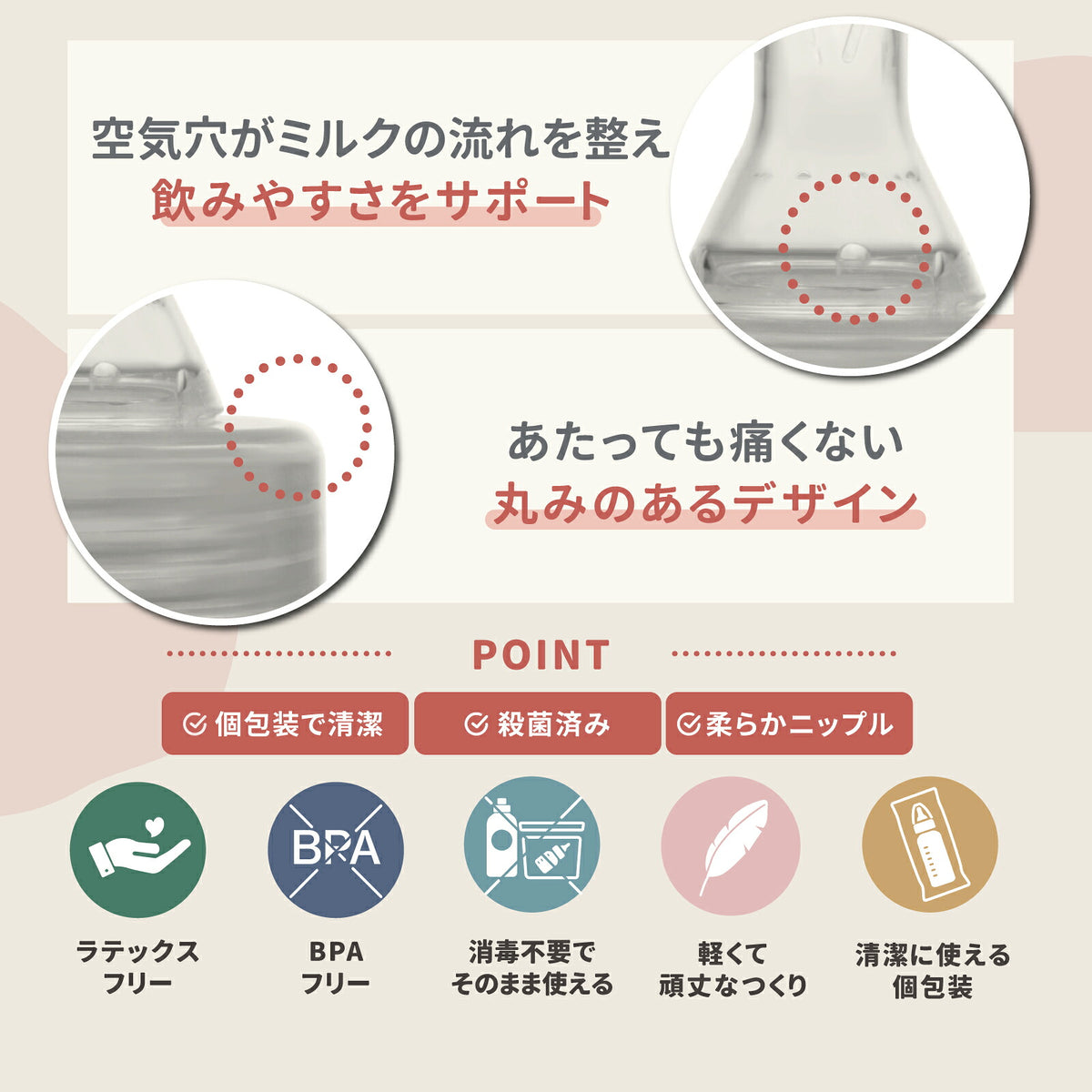 空気穴がミルクの流れを整え飲みやすさをサポート あたっても痛くない丸みのあるデザイン