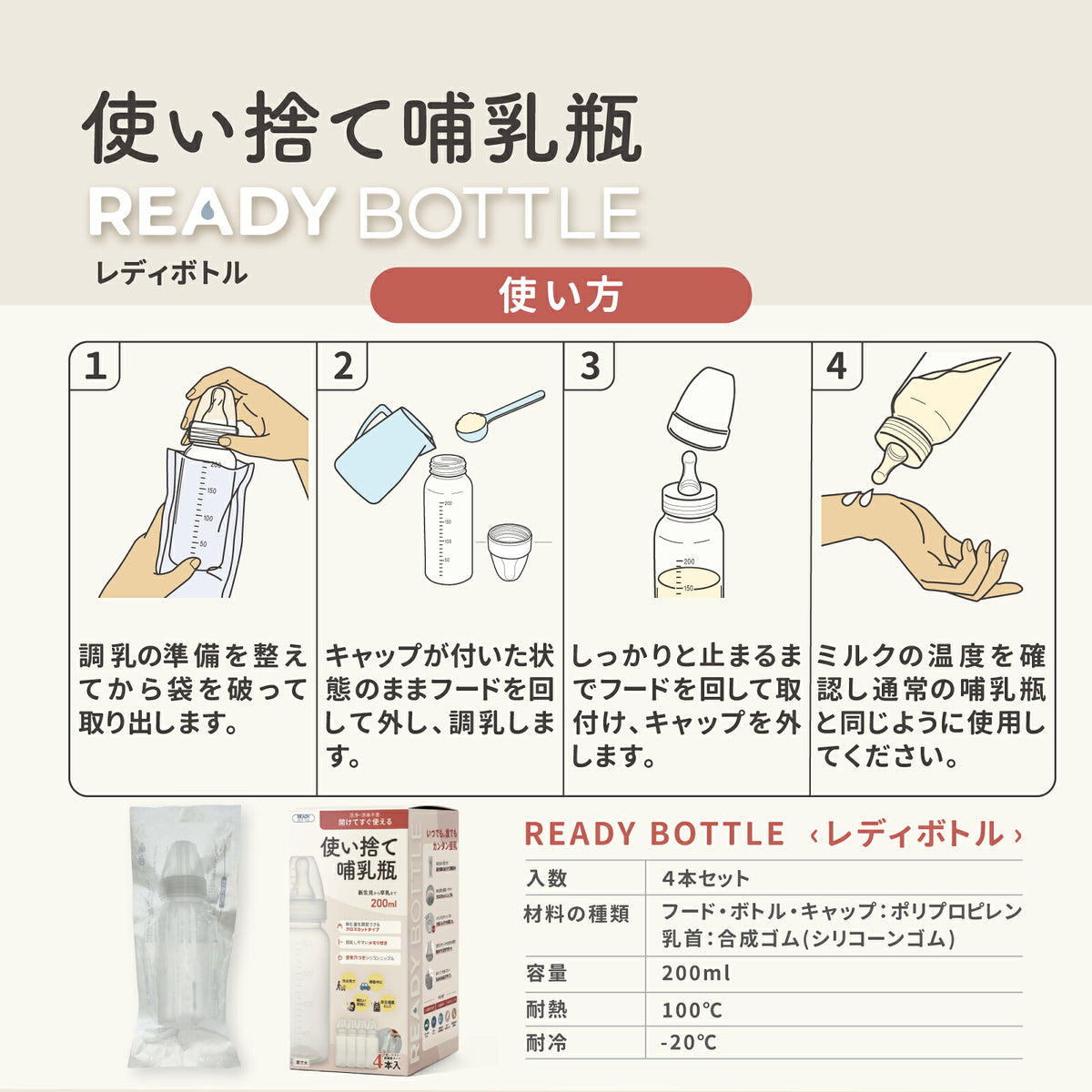 使い捨て哺乳瓶の使い方 4ステップ