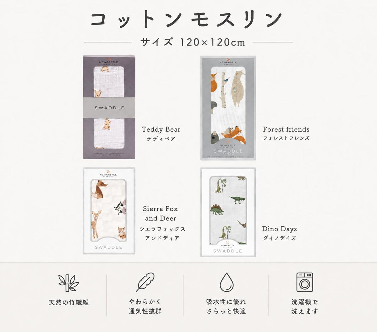 コットンモスリン 4柄 Teddy Bear・Forest Friends・Sierra Fox and Deer・Dino Days